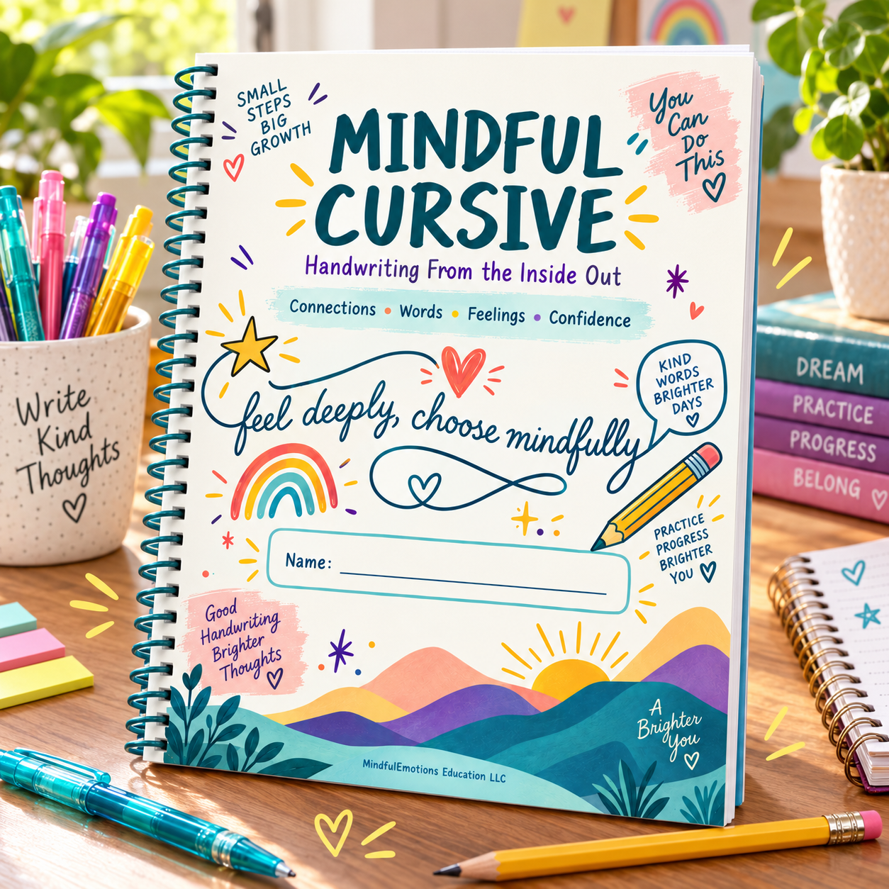 Child-friendly Mindful Cursive handwriting workbook mockup