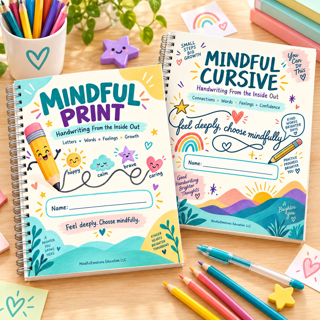Mindful Print and Mindful Cursive child-friendly workbook bundle mockup
